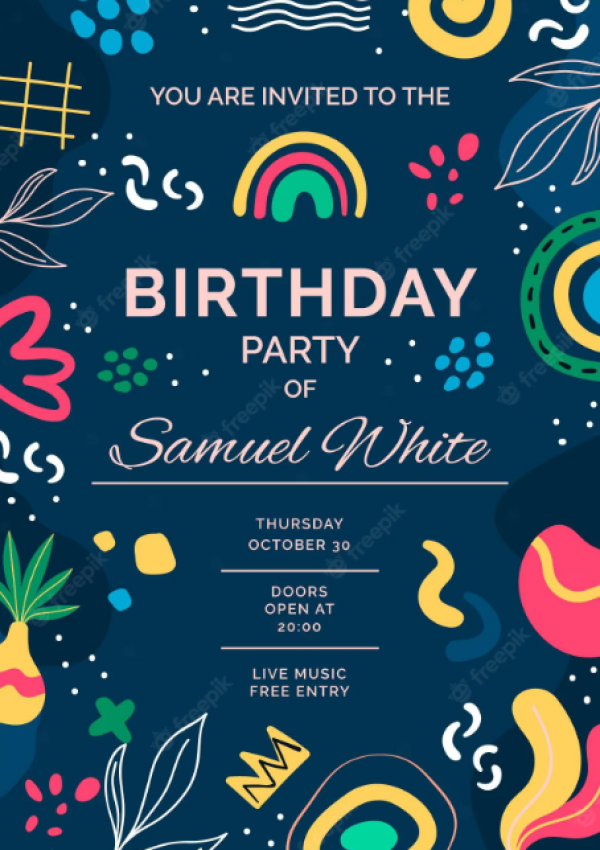 Desain undangan dengan motif angka dan huruf berwarna cerah